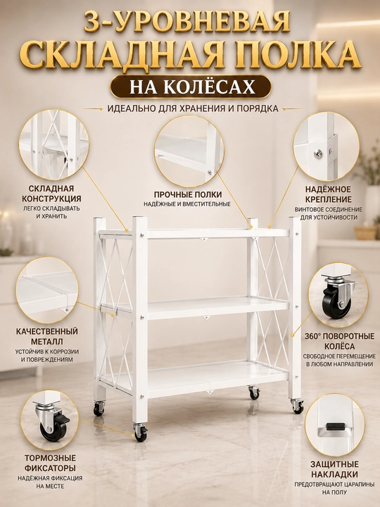 3 qavatli g‘ildirakli yig‘ma tokcha — qulay saqlash va tartib uchun, 127 × 34 × 71 sm
