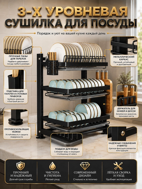3-уровневая сушилка для посуды — порядок и удобство на кухне 40*28*62 - 