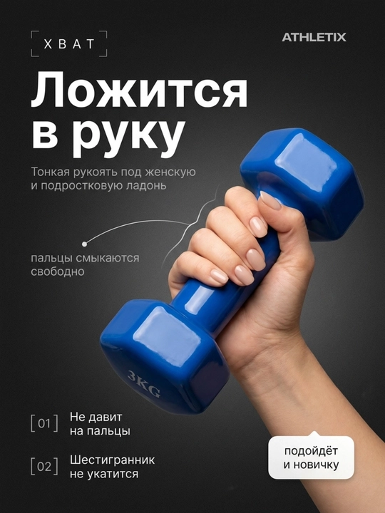Gantel vinil qoplamali olti burchakli fitnes uchun, 0,5-1-1.5-2 kg, pushti va ko'k