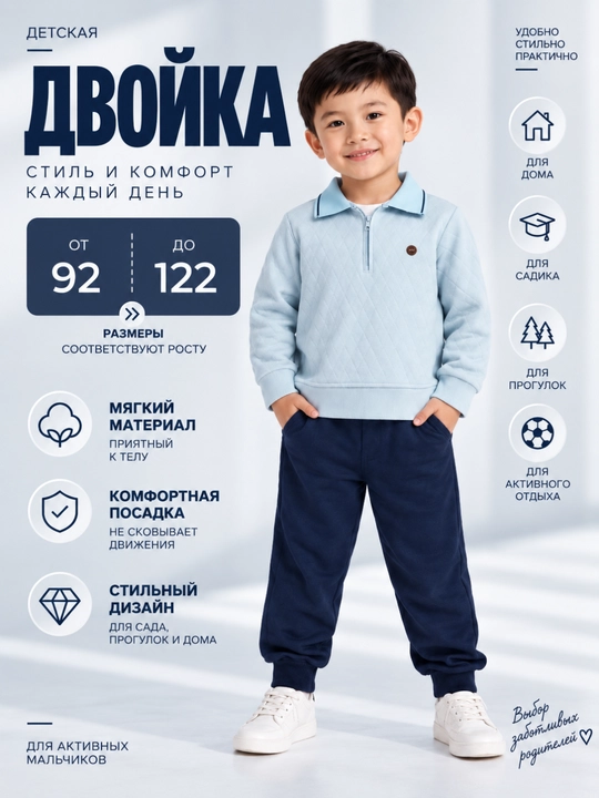 Костюм детский двойка хлопок для детей 1–8 лет, комплект кофта и штаны - 
