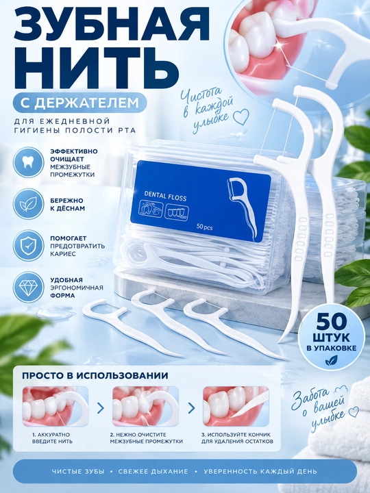Зубная нить с держателем — 50 шт