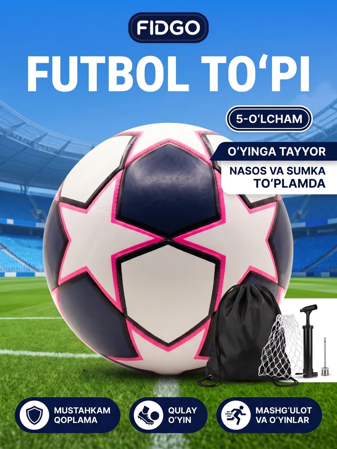 5 o‘lchamli futbol to‘pi, sovg‘a sifatida: nasos, igna, sumka - 