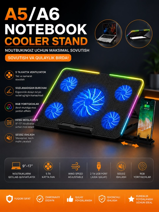 Охлаждающая подставка A5/A6 CoolerPad для ноутбука 9–17", 5 вентиляторов, RGB, USB - 