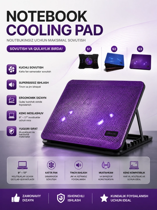 S1/S2/S3 Notebook Cooling Pad – 9–17" Noutbuklar Uchun USB Sovutish Stendi - 