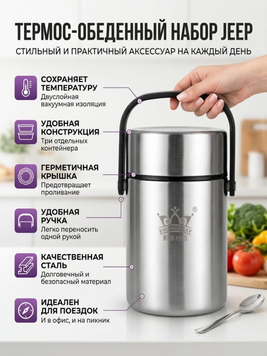 Oziq-ovqat uchun zanglamaydigan po'latdan yasalgan termos, tutqichli, 1.5 L - 