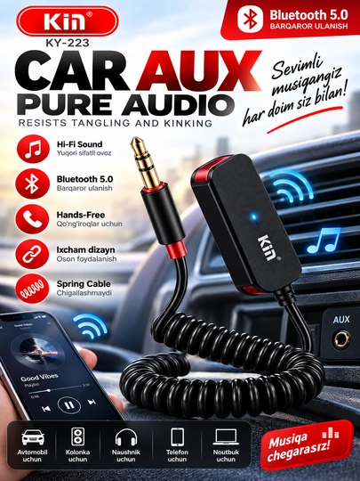 Kin KY-223 Car AUX Bluetooth 5.0 audio adapter, avtomobil uchun - 