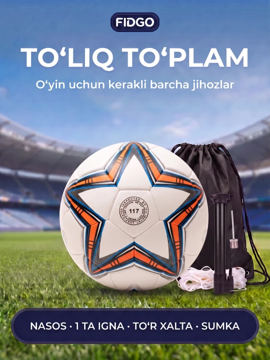 5 o‘lchamli futbol to‘pi, sovg‘a sifatida: nasos, igna, sumka