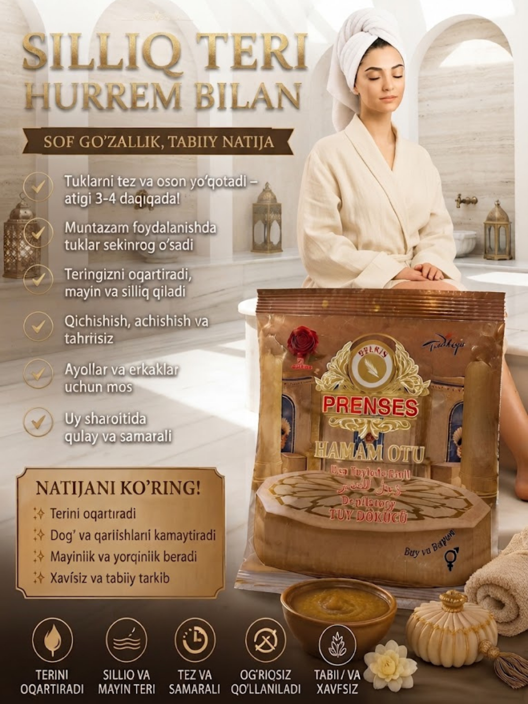 Prenses Hamam Otu – Tuk to'kuvchi, tabiiy, depilatsion kukun - 
