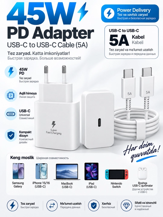Сетевой адаптер 45W PD для быстрой зарядки с кабелем USB-C → USB-C 5A - 