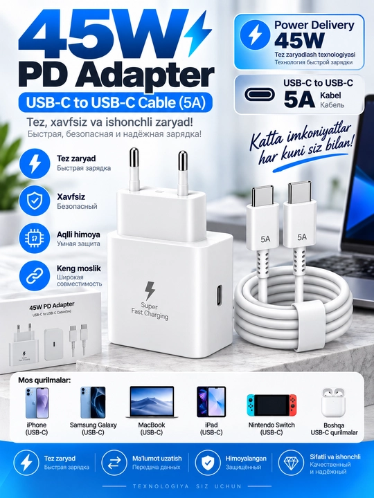 45W PD tez zaryadlovchi adapter, USB-C → USB-C 5A kabel bilan