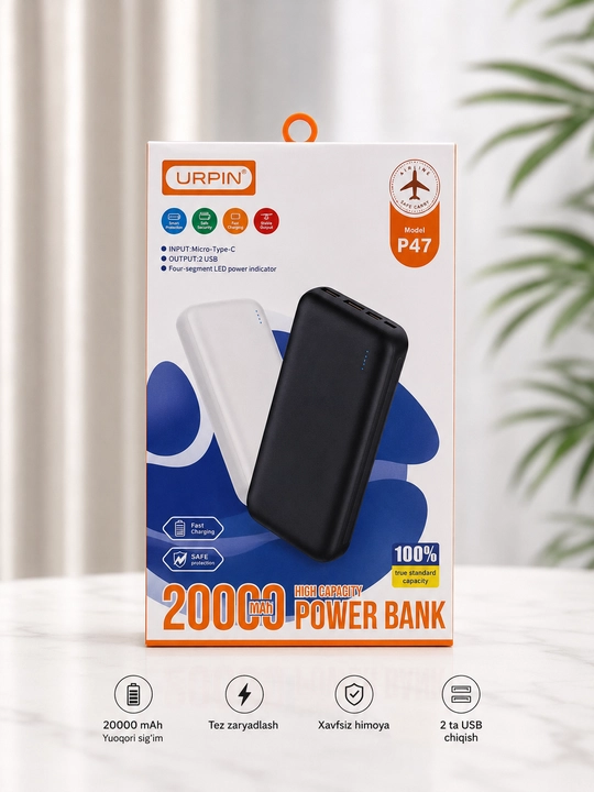 Tashqi akkumulyator Power Bank 20000 mAh, tezkor zaryadlash, 2 ta USB va Type-C port, qora