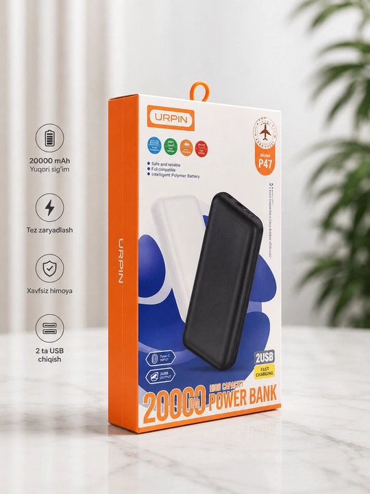 Tashqi akkumulyator Power Bank 20000 mAh, tezkor zaryadlash, 2 ta USB va Type-C port, qora