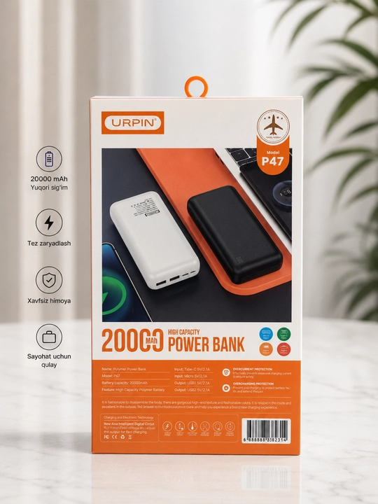 Tashqi akkumulyator Power Bank 20000 mAh, tezkor zaryadlash, 2 ta USB va Type-C port, qora