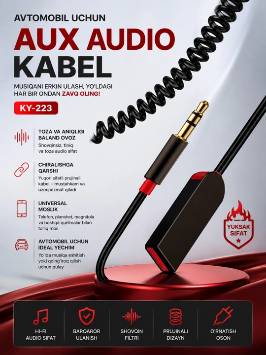 Avtomobil uchun 3,5 mm li Bluetooth AUX audio adapteri - tiniq ovoz va barqaror aloqa - 