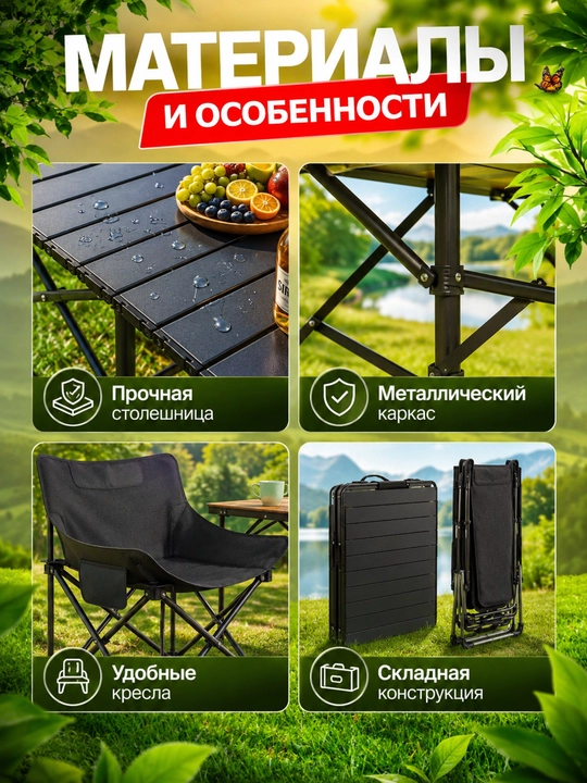 Buklanadigan stol va 6 ta stul kemping va piknik uchun