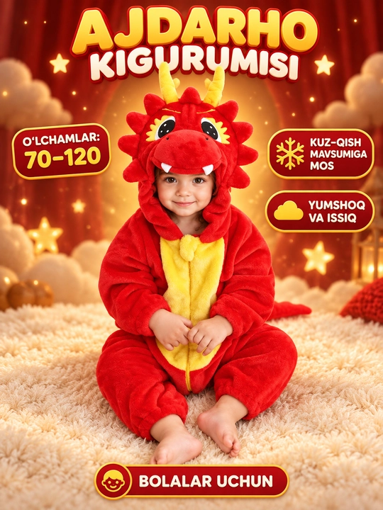 Bolalar uchun yumshoq kigurumi kombinezon, kapyushonli hayvoncha kostyumi - 