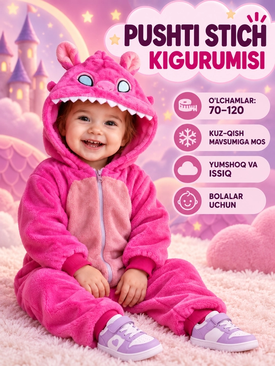 Bolalar uchun yumshoq kigurumi kombinezon, kapyushonli hayvoncha kostyumi - 