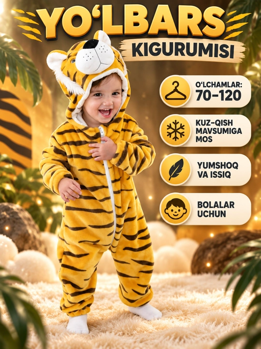 Bolalar uchun yumshoq kigurumi kombinezon, kapyushonli hayvoncha kostyumi - 