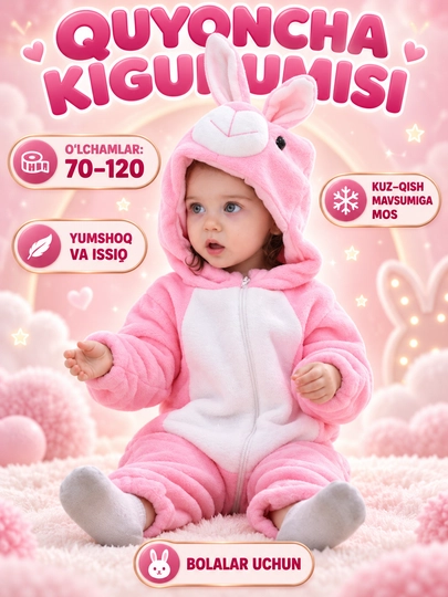 Bolalar uchun yumshoq kigurumi kombinezon, kapyushonli hayvoncha kostyumi - 