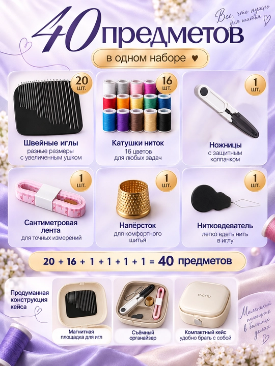 40 buyumli ixcham g‘ilofdagi ip va ignali sayohat tikuv to‘plami