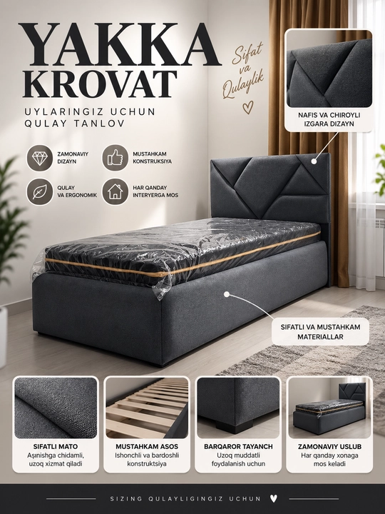 Bir kishilik karavot. Yumshoq bosh qismi. Zamonaviy dizayn. Mustahkam va qulay - 