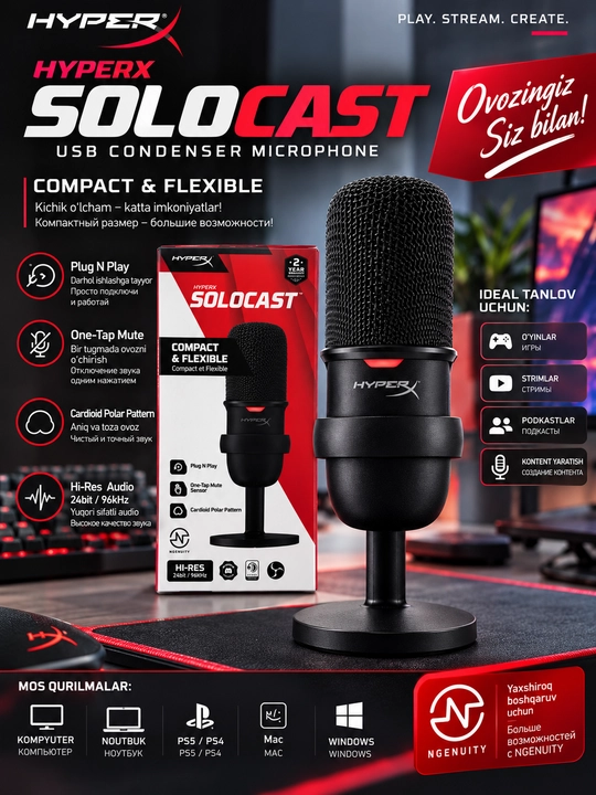 HyperX SoloCast USB kondensator mikrofon, kompyuter va strim uchun - 