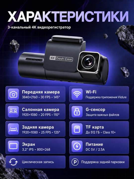 Автомобильный видеорегистратор 4K Dash Cam, 3 камеры, Wi-Fi