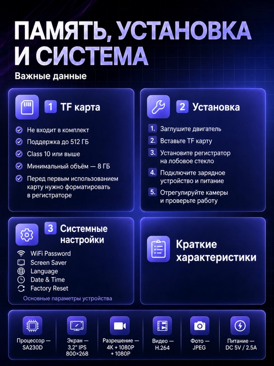 Автомобильный видеорегистратор 4K Dash Cam, 3 камеры, Wi-Fi