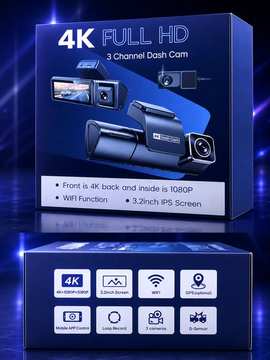 Автомобильный видеорегистратор 4K Dash Cam, 3 камеры, Wi-Fi