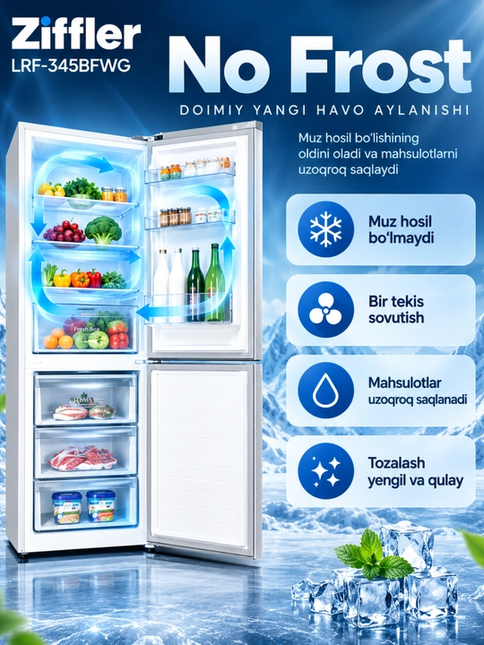 Ziffler No Frost inverter muzlatgichlari, 293–423 L, ikki kamerali va Multi Door