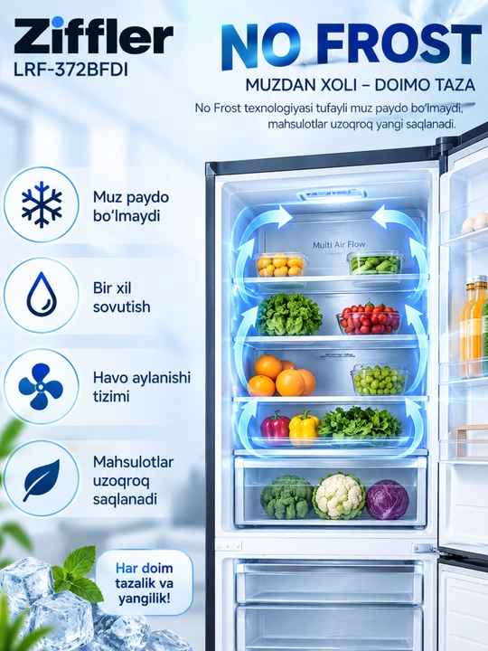 Ziffler No Frost inverter muzlatgichlari, 293–423 L, ikki kamerali va Multi Door