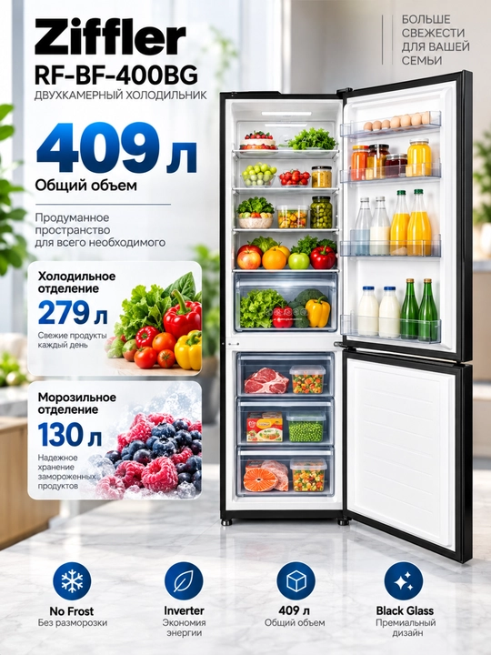 Ziffler No Frost inverter muzlatgichlari, 293–423 L, ikki kamerali va Multi Door