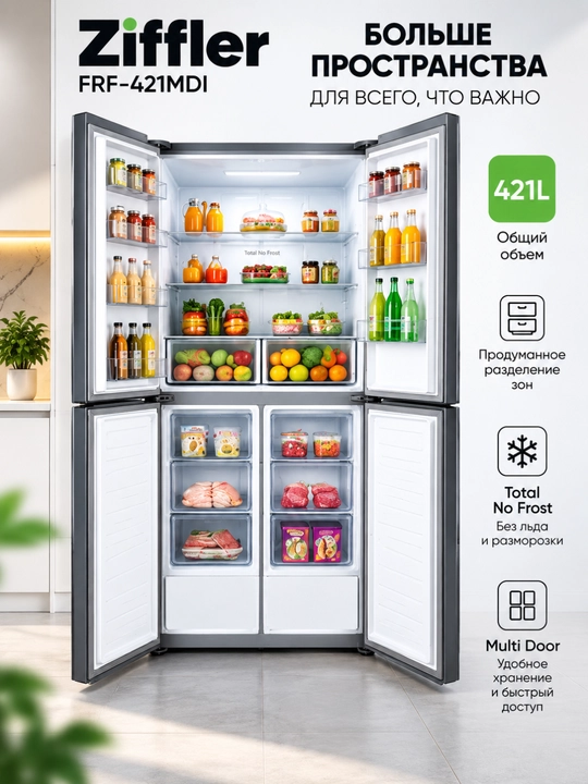 Ziffler No Frost inverter muzlatgichlari, 293–423 L, ikki kamerali va Multi Door