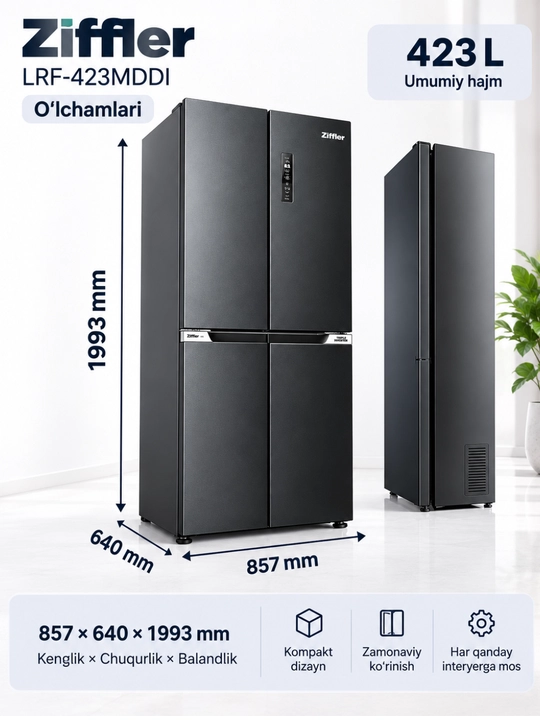 Ziffler No Frost inverter muzlatgichlari, 293–423 L, ikki kamerali va Multi Door