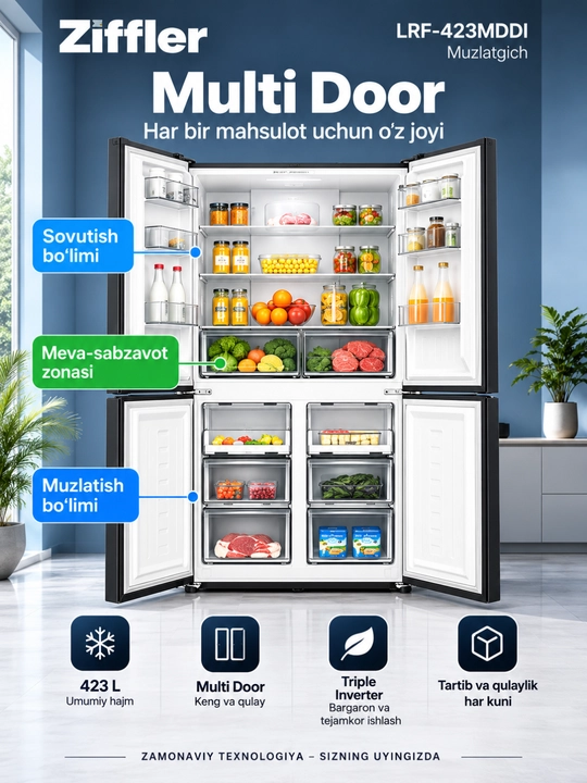 Ziffler No Frost inverter muzlatgichlari, 293–423 L, ikki kamerali va Multi Door