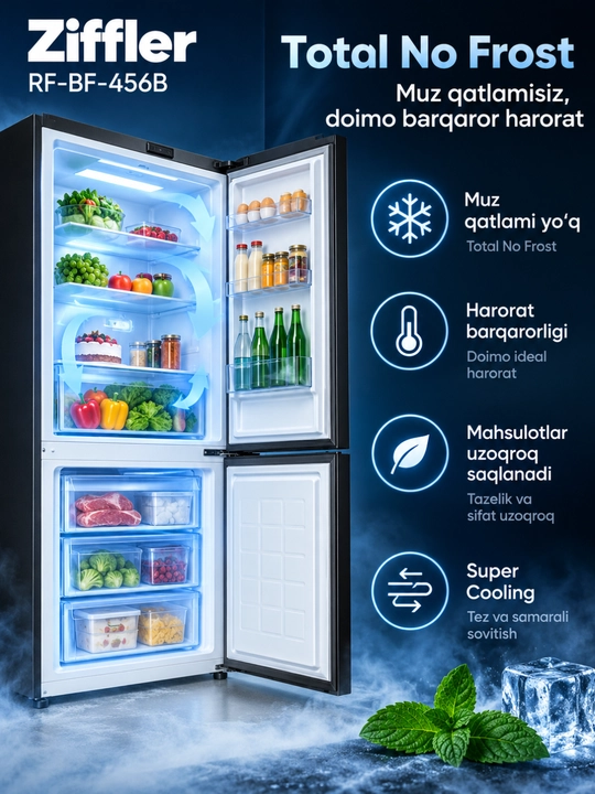 Ziffler No Frost inverter muzlatgichlari, 293–423 L, ikki kamerali va Multi Door