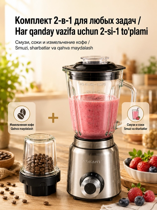 Блендер2-в-1 SOKANY SK-03048,800Вт,стеклянная чаша1,5л,мельница для кофе и специй,домашний