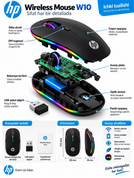 HP Wireless Mouse W10 беспроводная мышь, 2.4 ГГц, USB-приёмник