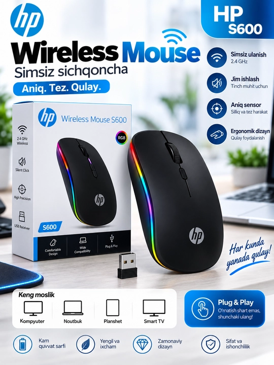 HP Wireless Mouse W10 simsiz sichqoncha, 2.4 GHz, USB qabul qilgich bilan - 