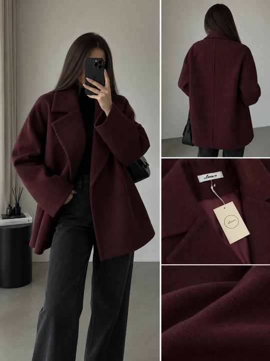 Ayollar pidjagi, katta o‘lchamli, shlyapa-tabletka bilan, ikki yoqlama jaket - 