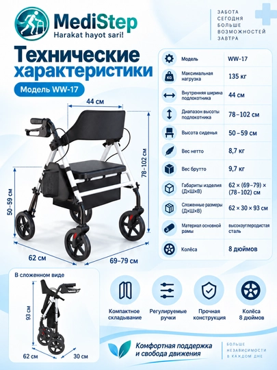 Роллатор-ходунок с сиденьем, 4-колёсный, регулируемый WW-17