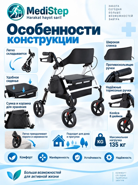 Роллатор-ходунок с сиденьем, 4-колёсный, регулируемый WW-17