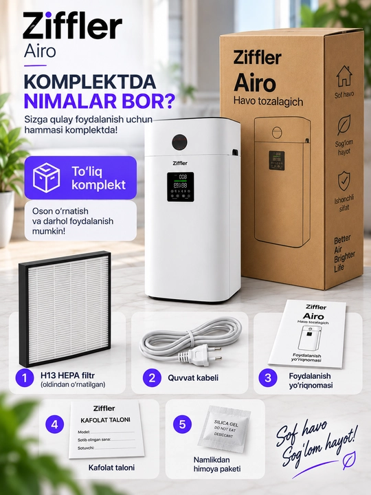 Ziffler Airo 130 havo tozalagich, HEPA H13 filtr, sensorli boshqaruv, 28–49 m²