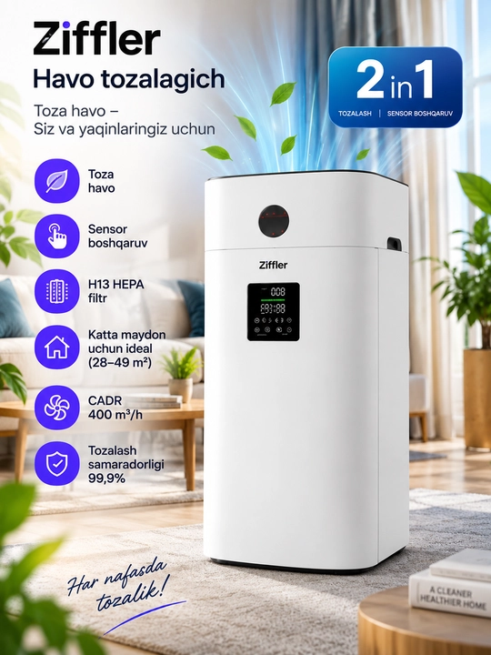 Ziffler Airo 130 havo tozalagich, HEPA H13 filtr, sensorli boshqaruv, 28–49 m² - 