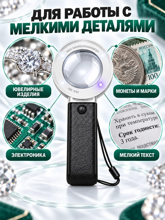 LED va UB-yorug‘lik bilan jihozlangan 30X zargarlik lupasi, optik linzasi 40 mm