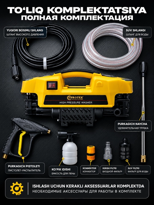 PROTEX мойка высокого давления 1500 Вт, 100 бар, мощная струя