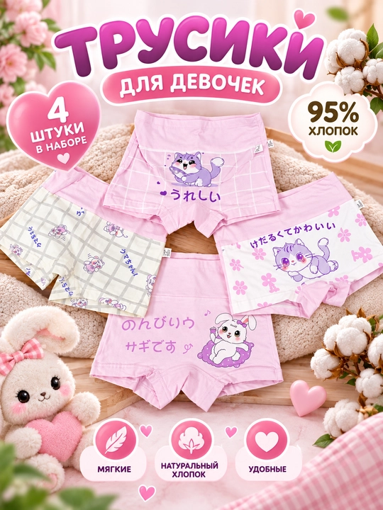 Детские трусики для девочек, набор 4 шт., хлопковые боксеры, мягкое нижнее белье