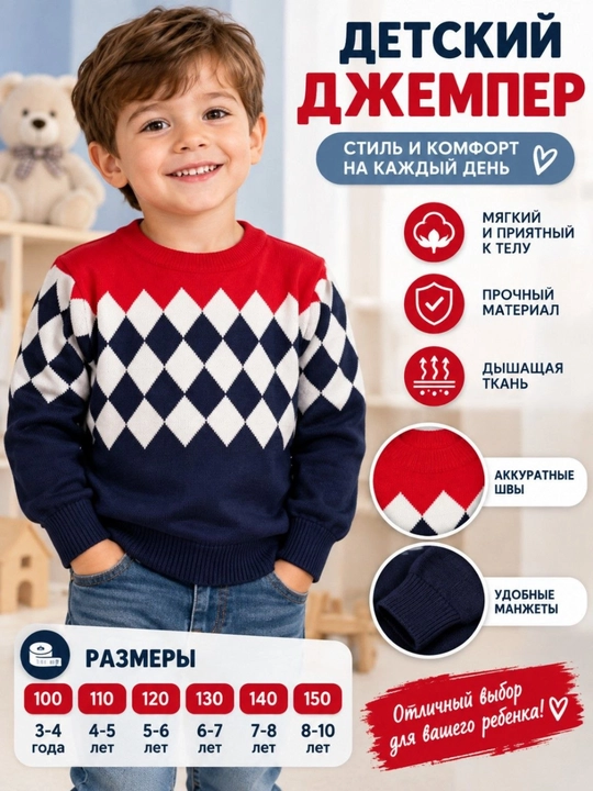 Детский джемпер для мальчика с узором, тёплый вязаный на каждый день размеры 100–150 - 