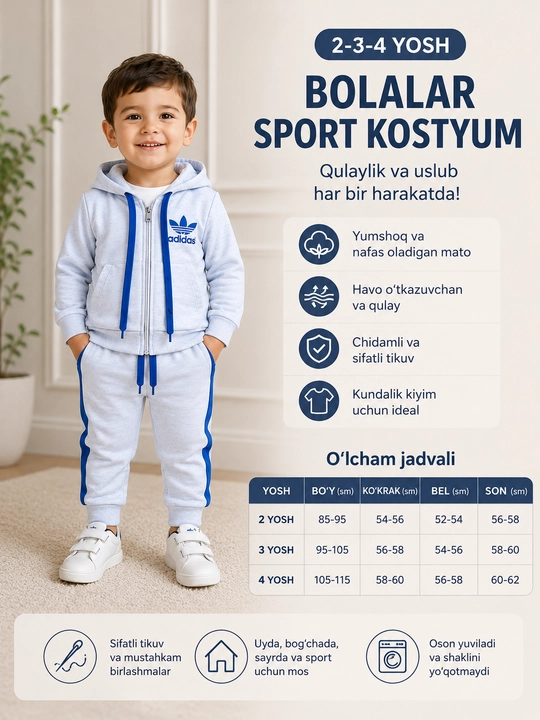 Bolalar uchun 3 talik sport kostyum, kofta, futbolka, shim, 2-3-4 yosh