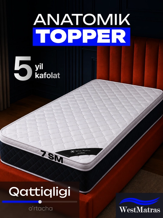 Royal WestMatras lateks topper matrasi, 7 sm, rezinkali to‘shak qopqog‘i bilan - 